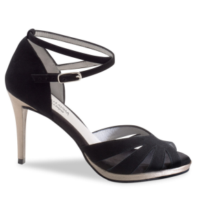 Anna Kern 910-80 Gieselle zwarte Dames dansschoenen met stiletto hak en plateauzool - suede en bronskleurig metallic leer